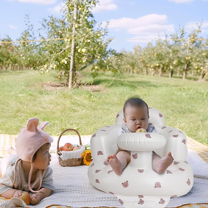 Zenflux Inflatable Baby Chairs with Tray for Babies 3 Months and Up, Sit Me Up Floor Seats for Sitting Up, Built in Air Pump Baby Seats for Kids, Blow Up Baby Chair with Back Support - Cute Bear