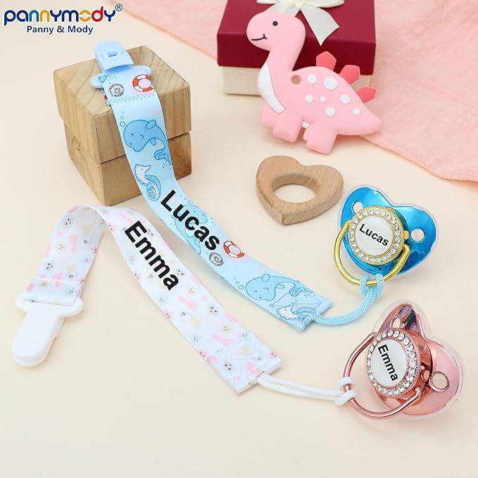4Pcs, Personalized Pacifier with Name, Custom Pacifier Clip, Baby Gift for Newborn Boys and Girls, Baby Accessory Baby Stuff with Name (0-6 Months) (Blue)