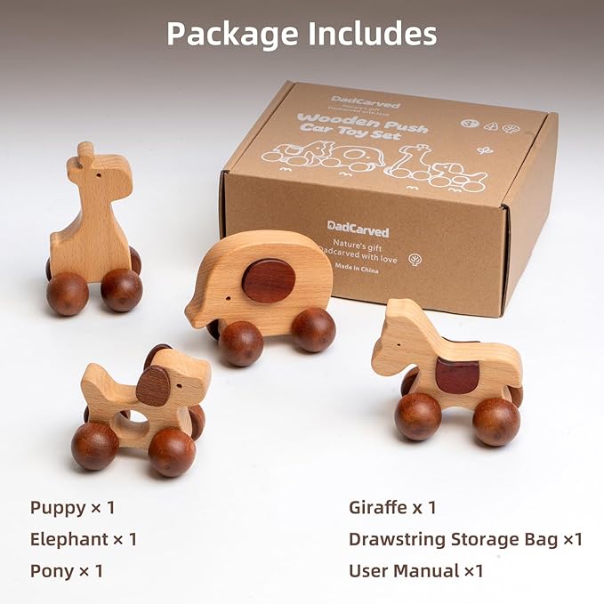 Wooden Animal Push Car Set, 4PCS Solid Hardwood Toy Vehicles for Toddlers & Kids 3+ | Natural Wood Animal Cars (Puppy, Elephant, Pony, Giraffe) | No Paint, Hand-Sanded, Gift-Ready