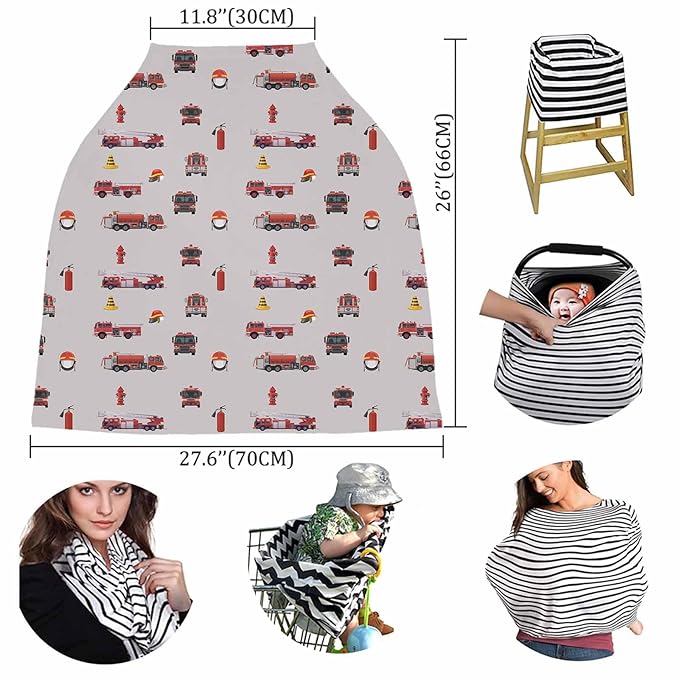 Fire Truck Cars Nursing Cover for Breastfeeding, Baby Infant Car Seat Shopping Cart Cover, Educational Red Grey Cartoon Rescue Themed Carseat Canopy Stroller Cart Cover for Babies Girls/Boys