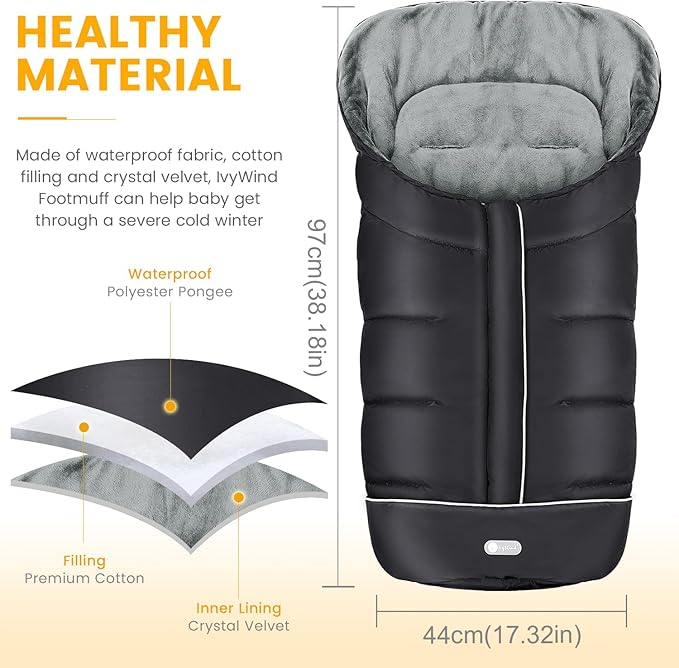 IvyWind Stroller Footmuff Universal, Warm Stroller Cover for Winter, Waterproof Baby Stroller Bunting Bag, Toddler Stroller Winter Sack for Cold Weather, Black