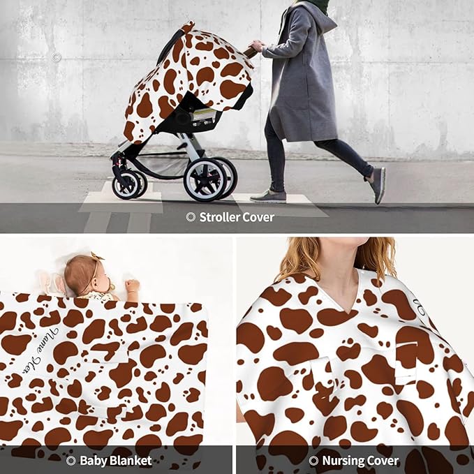 Personalized Brown Cow Print Baby Infant Car Seats Canopy for Babies with Name, Custom Multi-use Blankets for Baby Boys Girls, Peekaboo Minky Nursing Breastfeeding Stroller Cover Canopies for Newborn
