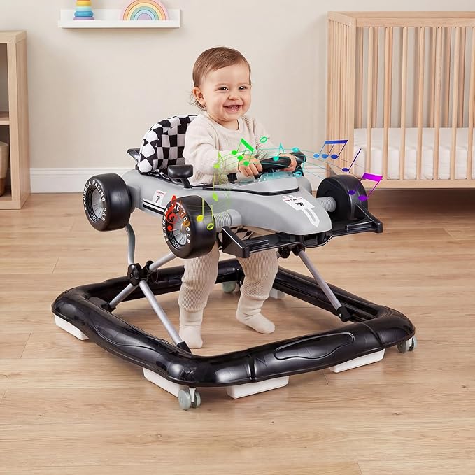 BABY JOY 4-in-1 Baby Walker, Foldable Activity Walker with Push Mode, Adjustable Height, Lights, Anti-Rollover, Baby Walker with Wheels for Boys Girls 6-18 Months (Gray)