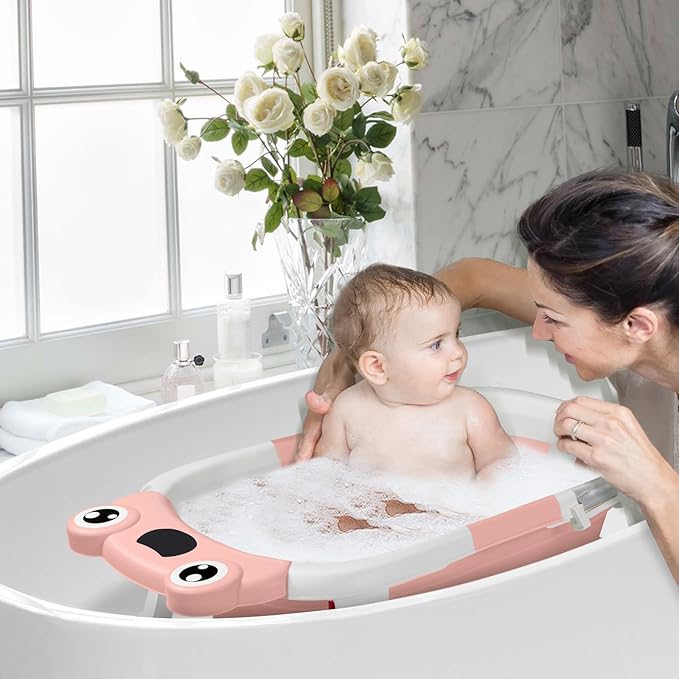 DEANIC Collapsible Baby Bathtub with Baby Washcloth, Portable Infant Bathtub with Soft Baby Bath Support Cushion for 0-3-6-12 Month Newborns, Foldable Baby Bath Tub for Indoor, Travel (Pink)
