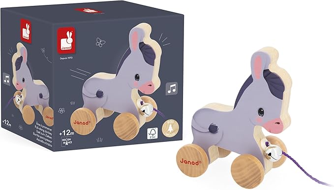 Janod - Wooden Donkey with Bell - Pull and Push Activity Toy - Learn Motor Skills and Imagination - 50cm String Suitable for Little Hands - from 12 Months, J03323