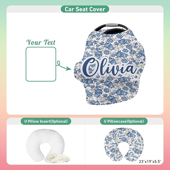 Custom Car Seat Covers for Babies - Breathable Baby Car Seat Cover for Girls Boys, Blue Pattern Kick-Proof Newborn Carrier Canopy Stretchy Stroller Cover for 4 Seasons