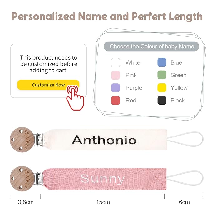 TYRY.HU Personalized Pacifier Clip with Name, Embroidery Pacifier Holder for Baby Girls and Boys, Neutral Binky Clips Universally Fit All Pacifiers, Baby Gift, 2 Pack(Beige,Pink)