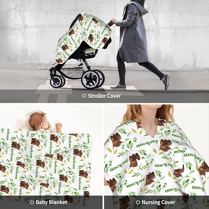Personalized Baby Car Seat Canopy for Baby with Name, Custom Car Seat Covers for Boy Girl, Infant Opening Minky Nursing Breastfeeding Stroller Cover Carseat Canopies for Newborn (Cute Cow High Land)