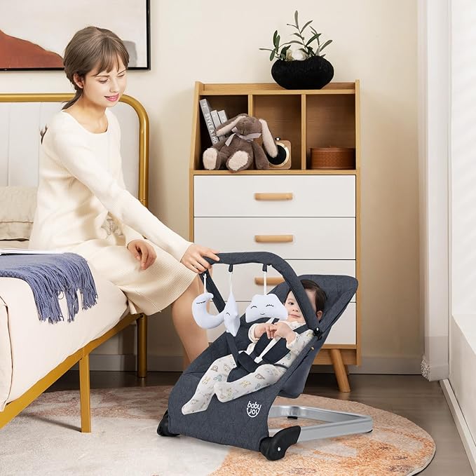 BABY JOY Baby Bouncer, Foldable Baby Bouncer Seat with 5-Point Safety Harness, Removable Fabric Cover & 3 Plush Toys, Portable Infant Bouncer for Babies 0-6 Months (Dark Grey)