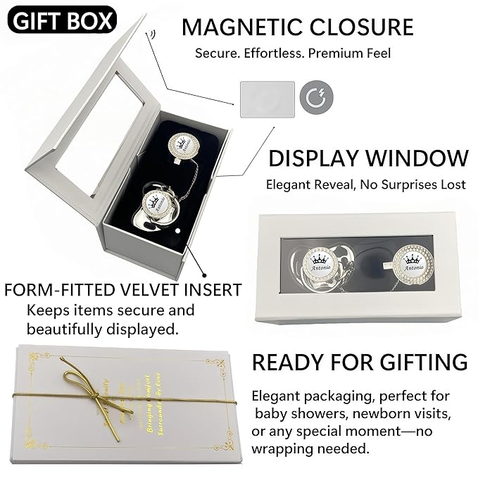 Personalized Bling Pacifier Box and Pacifier Set Unique Gift to New Bron Baby Baby Shower Gift (Silver)
