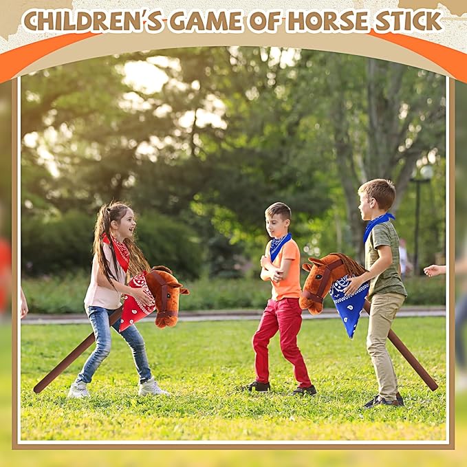 Poen 4 Pack Light Brown Horse Stick with Sound Red and Blue Bandana Set 27.6'' Toys Stick Horse Western Cowboy Bandana with Neighing Sound for Boys Girls Fun Pretend Games(Dark Brown)