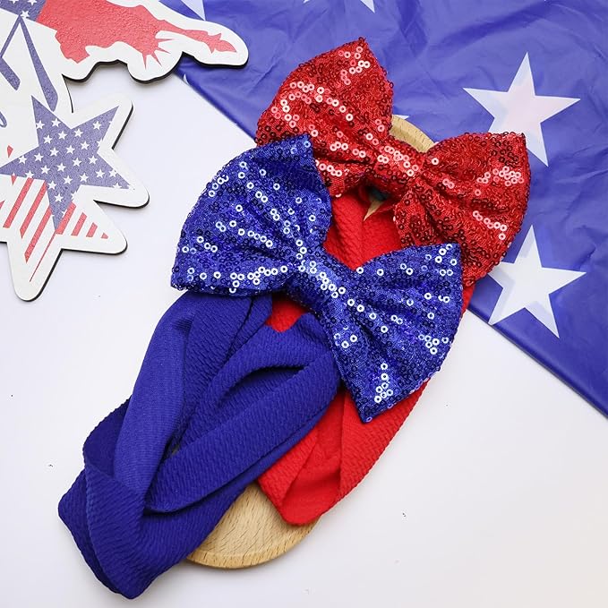 4th of July Baby Girl Accessories - Red Sequin Bow Headband, Blue Elastic Wide Hairbands for Newborns, Toddlers, Infants Gift