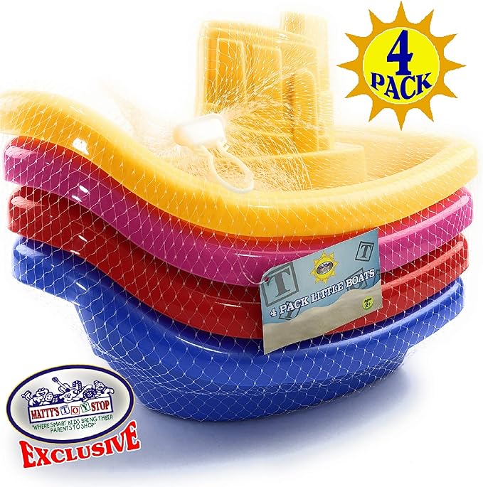Matty's Toy Stop Plastic Nesting/Stacking Tug Boats (11") Red, Blue, Pink & Yellow Gift Set Bundle, Perfect for Bath, Pool, Beach Etc. - 4 Pack
