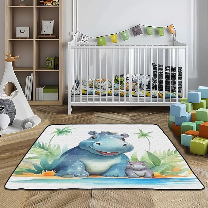 Hippo Family Baby Play Mat 50" x 50", Playmat for Playpen, Thicken Soft Padding Foam Crawling Mat for Babies Toddlers Infants