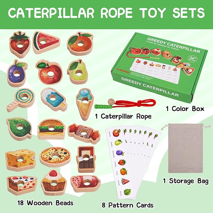 2025 New Upgrade Wooden Greedy Caterpillar Rope Toy, 2.5in Fruit & Vegetable Caterpillar Lacing Bead String Game, Montessori Fine Motor Skills Farm Toys for 3+ Year Old