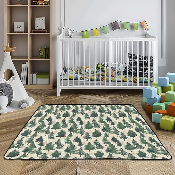 Baby Play Mat Pine Cypress Trees Green 50 x 50 Playpen Mat Baby Play Mats for Floor Play Gym Crawling Mat Non-Slip Cushioned Baby Playmat for Infants, Babies, Toddlers