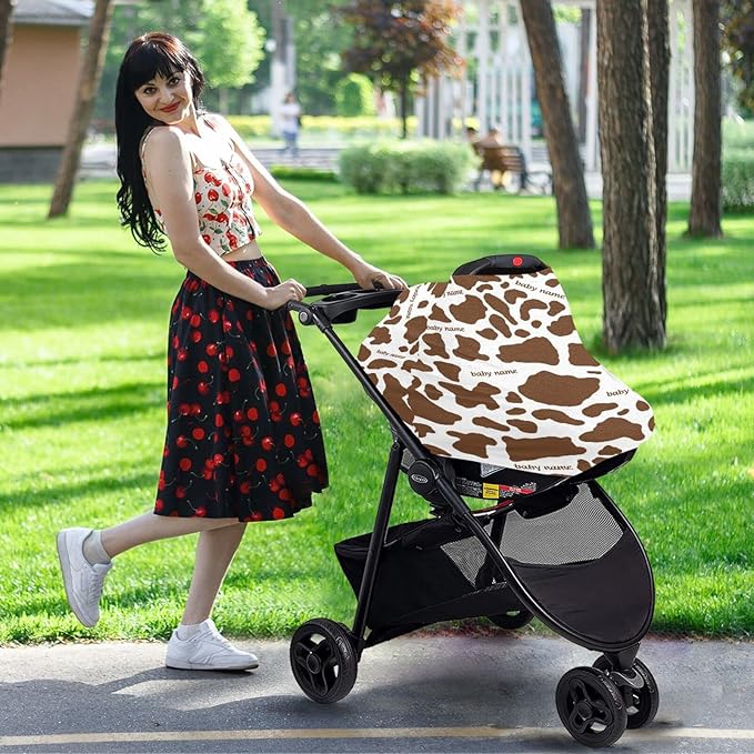 Personalized Baby Car Seat Cover for Babies, Custom Name Baby Car Seats Canopy for Boys Girls, Nursing Breastfeeding Stroller Covers for Infant Newborn, Shower Gift (Cow Print Brown)