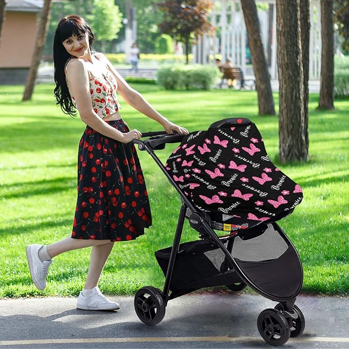 Personalized Pink Bows Baby Car Seat Covers with Name, Custom Multiuse Nursing Breastfeeding Car seat Canopy, Infant Stroller Covers for Newborn Girl Boy, Ultra-Soft Breathable, Nursing Scarf