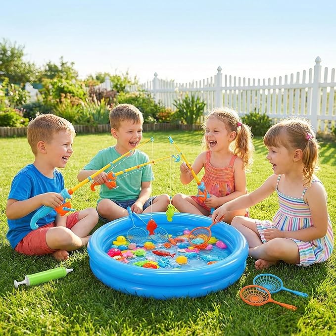 Magnetic Fishing Game Pool Toys for Kids, Water Table Bathtub Toy Fishing with Inflatable Pool, Water Bath Pool Outdoor Toys for Kids Outdoor Indoor Carnival Party Favors