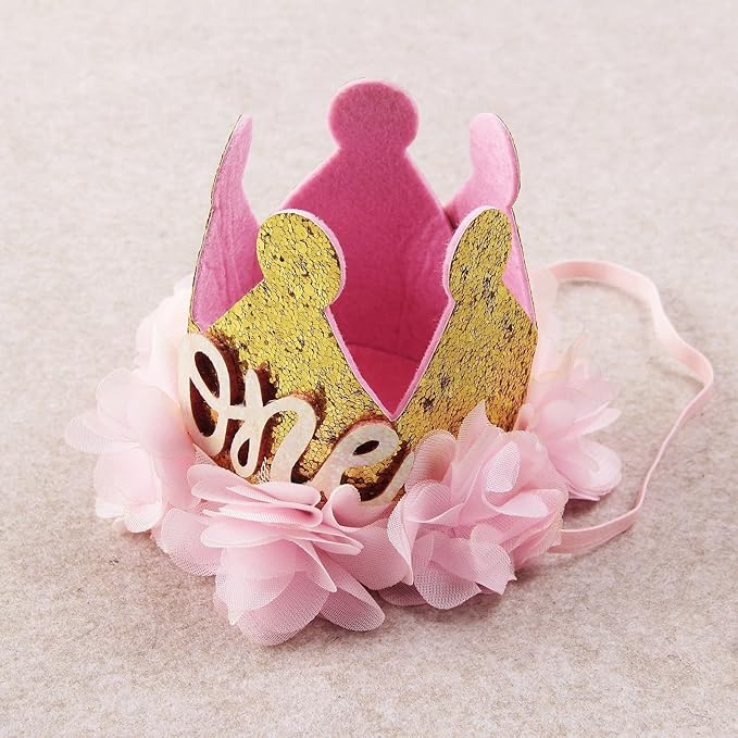 Nishine Gold Glitter Crown Headband Pink Flower Crown Tiara Hairband for Baby Birthday Party Supplies Photo Props (Chiffon&One)