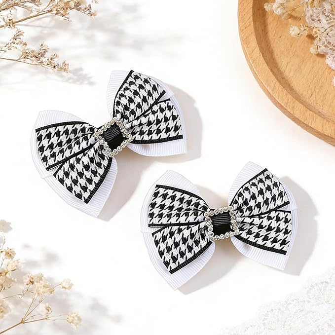 2PCS Baby Girl Dog Gift Wrap Hair Bow Clips Barrettes Houndstooth Hair Bow Clips with Rhinestone Buckle Black and White Fabric Bow Hair Accessories for Little Girls Toddler Kids Teens