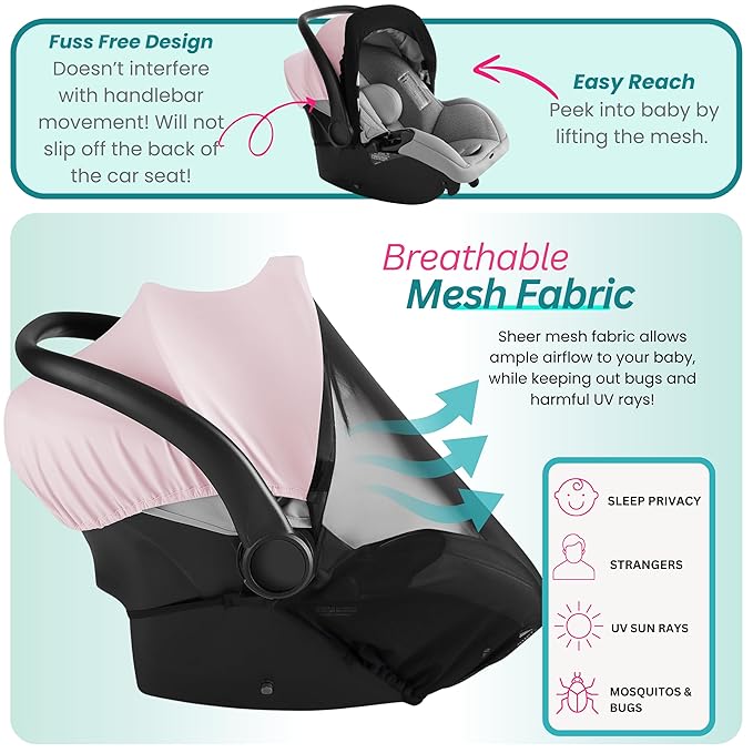 Car Seat Cover Baby - Infant Newborn Carseat Cover for Summer - Doona Car Seat Cover - Mosquito Net for Car Seat - Breathable Sunshade Extension Canopy Bug Protector