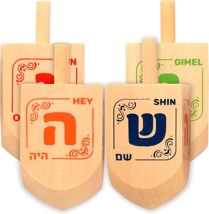 Hanukkah Dreidels - Extra Large Natural Wooden Dreidel - 4 Pack
