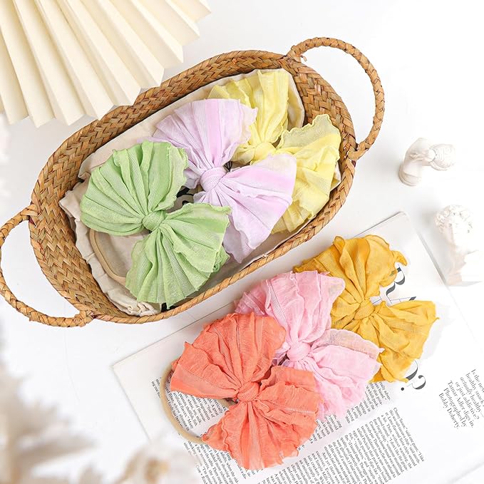 YanJie Hairband, 6pcs-Candy Color Soft Stretchy Nylon Headbands for Baby Girls, Handmade Lace Baby Girl Bows Accessories for Infants Toddlers Child, Pink Purple Yellow Green