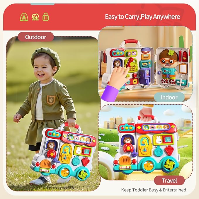 54-in-1 English & Spanish Musical Busy Board Montessori Toys, Early Educational Montessori Toy for 1 2 3 Year Old Boys, Bilingual Learning Toy Gifts for 1+ Year Old Boys