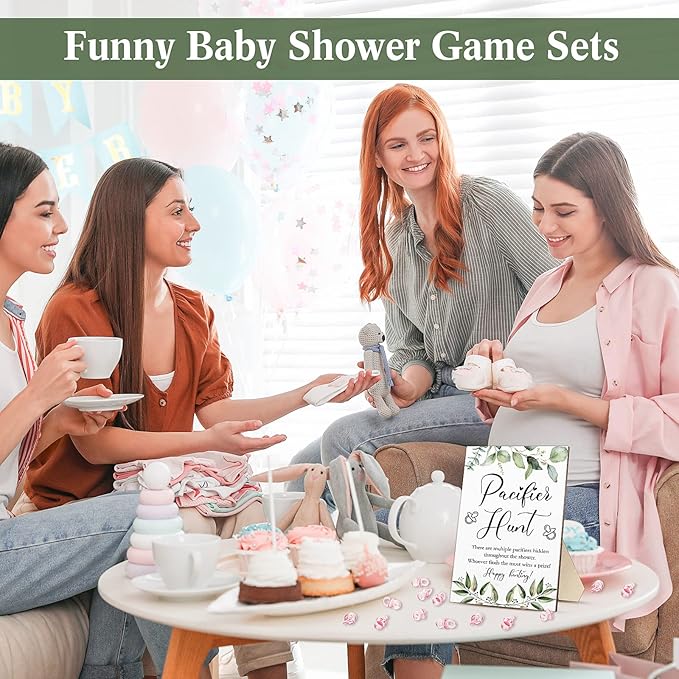 Roowest 51 Pcs Pacifier Hunt BabyShower Games Include Wooden Hunt Sign and 50 Acrylic Mini Plastic Pacifiers for BabyShower Game Decoration Gift Sets Gender Reveal Party(Green Plants,Pink)