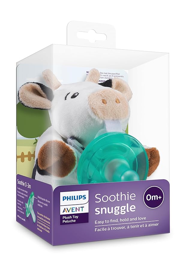 Philips Avent Soothie Snuggle Pacifier Holder with Detachable Pacifier,0m+,Cow,SCF347/05,(Pack of 3)
