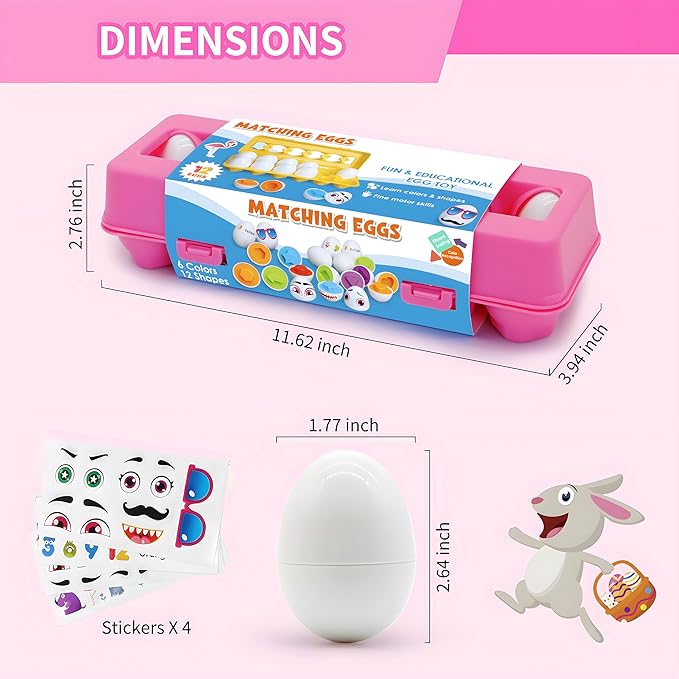 MOONTOY Montessori Matching Egg, 12PCS Color & Shape Recognition Toy for Toddler 1-3, Educational Learning Eggs Toy with Pink Storage Case, Easter Eggs Basket Stuffers Gift for 1 2 3 Year Old Girl Kid