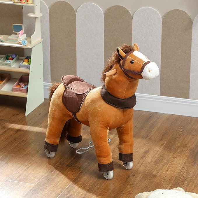 Qaba Ride on Horse for Kids 3-5 Years, 29.5 Inch Height Plush Riding Pony, Walking Horse Animal with Rolling Wheels for Active Play, No Batteries Required, Brown