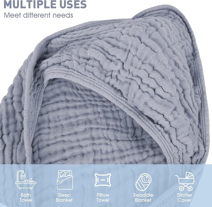 Synrroe Baby Hooded Bath Towel 2 Pack, 100% Muslin Cotton, 32x32 Inch - Matching Trim & Hood, Soft Absorbent Baby Toddler Towel for Newborns & Infants, Blue and Misty