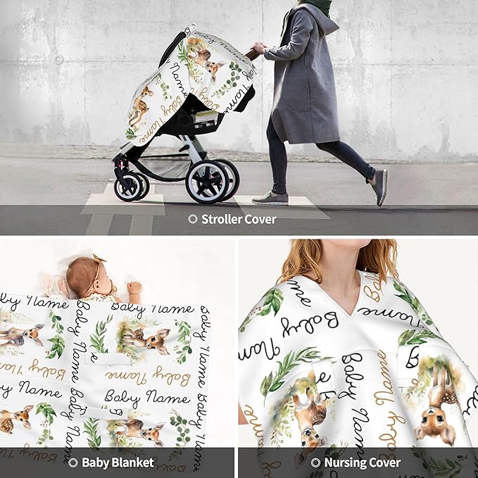 Winter Carseat Cover for Baby Personalized Deer Baby Car Seat Cover with Name Custom Minky Car Seat Canopy Boys Girls Infant Carrier Covers Nursing Cover Toddler Blanket
