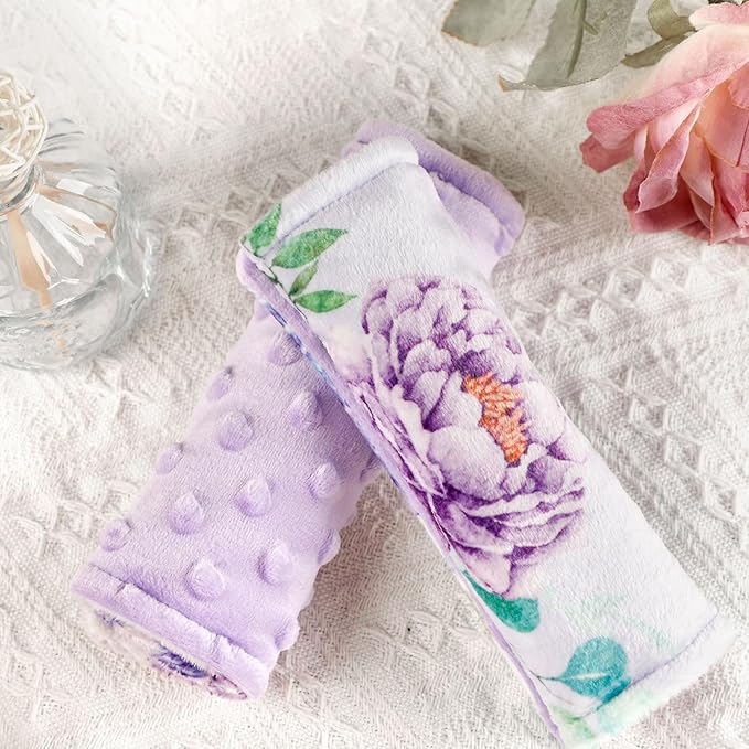 Carseat Strap Covers for Babies, Soft Seatbelt Covers for Kids, Reversible Baby Car Seat Strap Covers, Size: 6.5 x 6.5 inch, for Baby Car Seat, Stroller, Swing, High Chair, Purple Flower