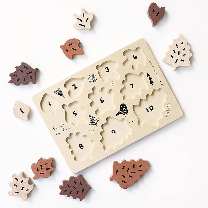 Wee Gallery Wooden Tray Puzzle Count to Ten Leaves, Montessori Toy for Toddlers and Preschoolers for Early Learning and Fine Motor Skill Development, Sustainable Educational Puzzle for Kids