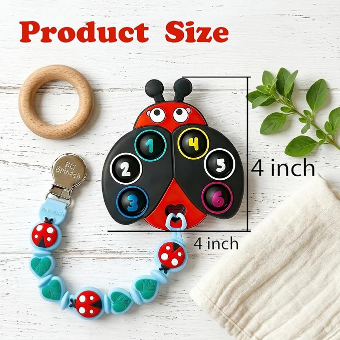 BIGSPINACH Teething Toy & Pacifier Clip Set,Ladybug Pop-It Teether & Pacifier Hold,Multi-Textured Chew Toy with Number Buttons for Early Learning, Baby Teething Relief (Black+Blue)