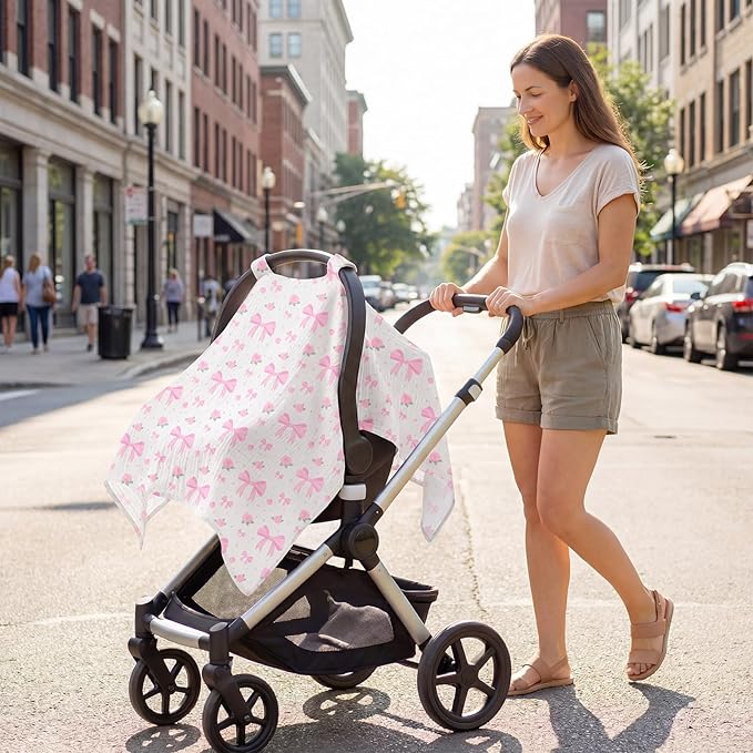 Car Seat Cover Baby, 100% Muslin Cotton Infant Car Seat Canopy, Universal Baby Car Seat Cover, Breathable Nursing Cover Canopy Shower Gift Pink Bow