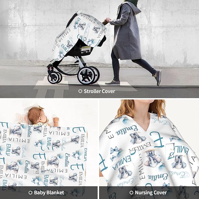 Personalized Baby Car Seat Canopy Minky Elephant Baby Blanket Custom Name Baby Car Seat Cover Girls Boys Infant Newborn Carseat Canopy Nursing Cover for Stroller Car Seat Canopies