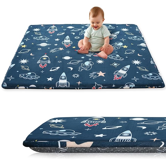 1.5" Thick Premium Baby Floor Play Mat, 50x50 Padded Memory Foam Mat, Tummy Time Crawling Playmat for Nursery Playroom Classroom, Space Adventure
