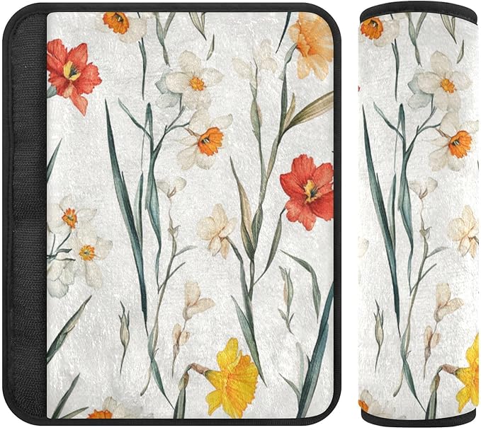Car Seat Belt Pads Covers 2 Pack Breathable Seat Belt Shoulder Strap Covers Pad for Adults Child Kids S Fall Flowers Daffodil Carnation Freesia White
