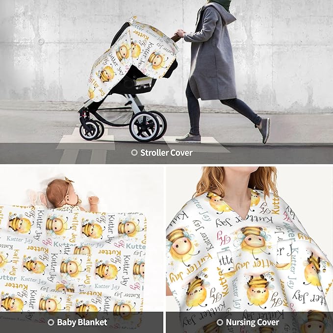 Personalized Winter Carseat Cover for Baby Custom Name Car Seat Canopy for Newborn Baby Boys Girls 2 in 1 Mom Nursing Breastfeeding Covers Bee Minky Baby Carrier Stroller Covers