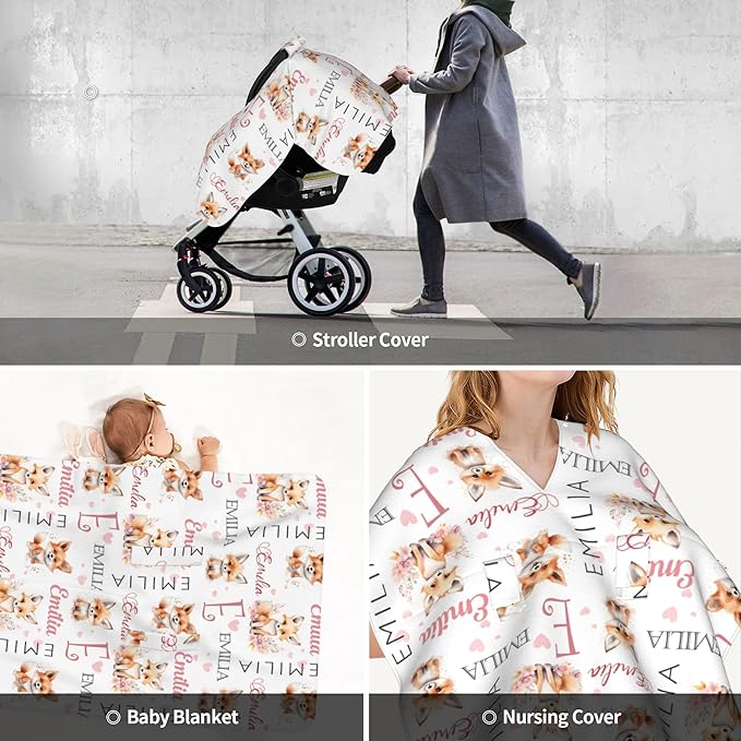 Personalized Baby Car Seat Cover Winter Custom Minky Carseat Cover Boy Girls with Name Fox Carseat Canopy Customized Car Seat Canopy Infant Carrier Covers Nursing Cover Toddler Blanket