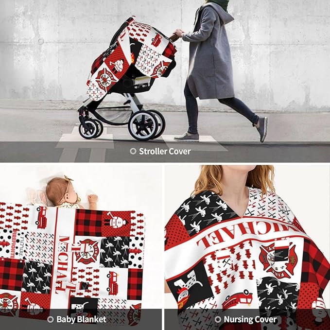 Personalized Baby Car Seat Canopy for Babies with Name, Custom Fire Truck Car Seat Covers for Boys Girls, Opening Minky Nursing Breastfeeding Stroller Cover Carseat Canopies for Infant Newborn