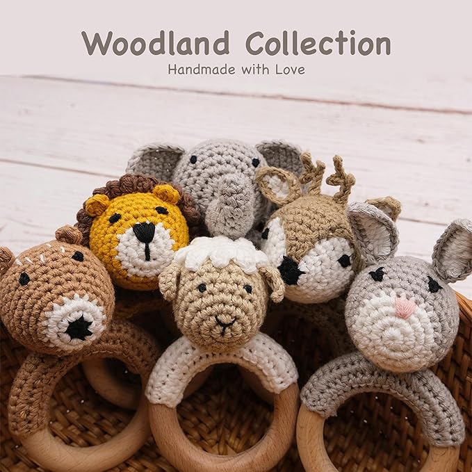 Joliecraft Natural Wooden Baby Rattle Soft Shaker Toy with Teething Ring for Infants Gray Bunny