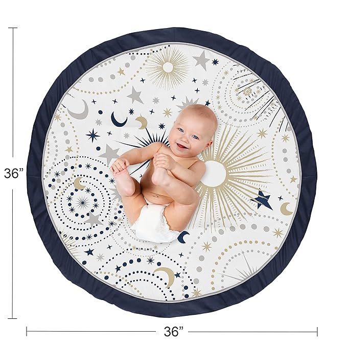 Sweet Jojo Designs Star and Moon Boy or Girl Baby Playmat Tummy Time Infant Play Mat - Navy Blue, Gold, and Grey Celestial Sky Stars Gender Neutral Unisex