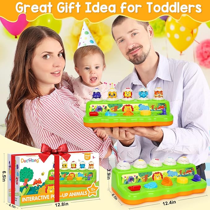 Duchong Toys for 1 Year Old Boys Girls, Interactive Pop up Toy with Music & Light, Early Learning Musical Toys for Toddlers 1-3, Birthday Gifts for Babys Infants 6-9-12-18 Months