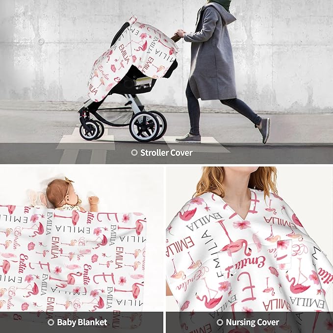 Personalized Car Seat Covers for Babies Custom Name Car Seat Canopy for Newborn Baby Boys Girls 2 in 1 Mom Nursing Breastfeeding Covers Flamingo Minky Baby Carrier Covers with Peekaboo Opening