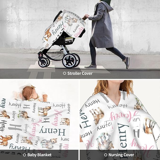 Personalized Baby Car Seat Cover Custom Name CarSeat Canopy Customized Horse Newborn Nursing Breastfeeding Cover Minky Baby Blanket Infant Car Seat Canopies for Baby Girls Boys